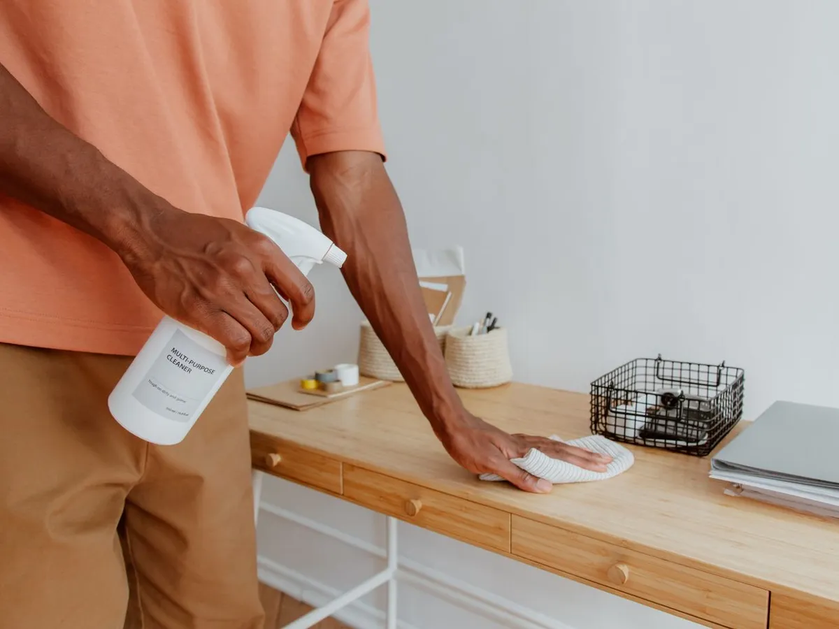 Cleaner spraying and wiping down a wooden desk in a bright workspace