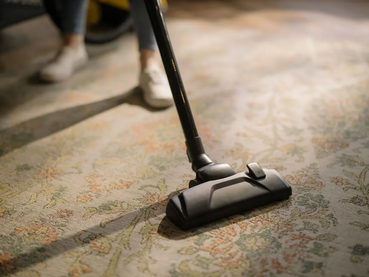Vacuum cleaning a patterned area rug in a sunlit living room